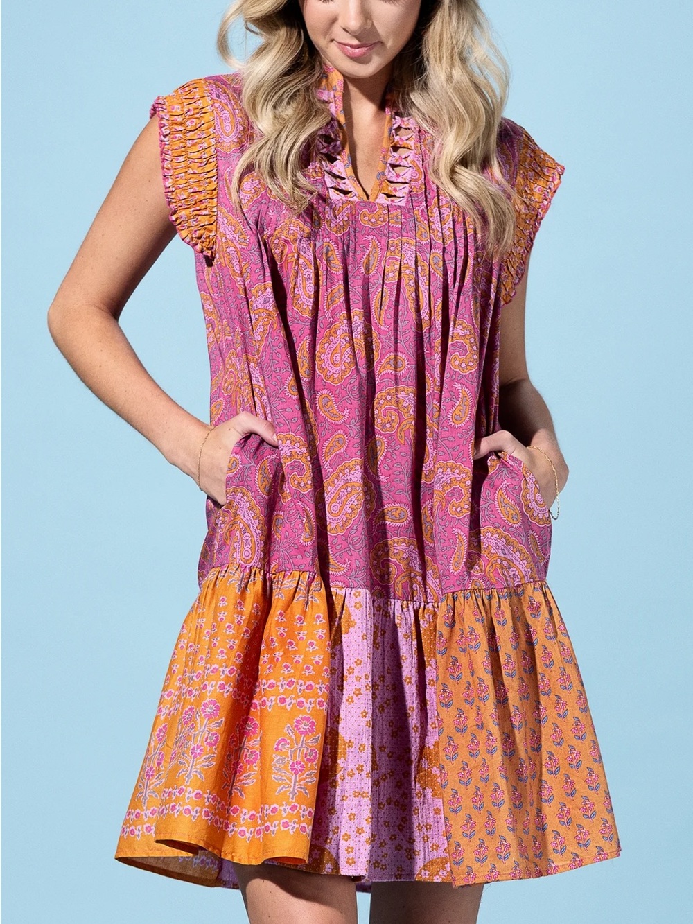 THML Boho Pink & Orange Ruffle Dress